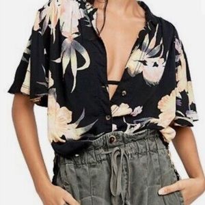 Free People Black Floral Button Down Shirt
